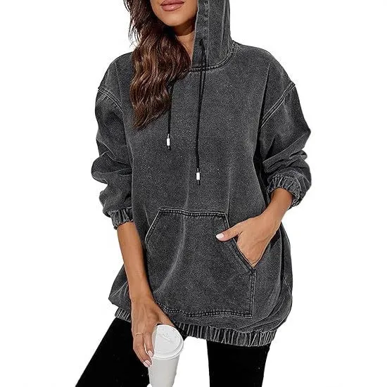 Damen Oversized Kapuzenpullover im Denim‑Look mit Kängurutasche Nord Taschen