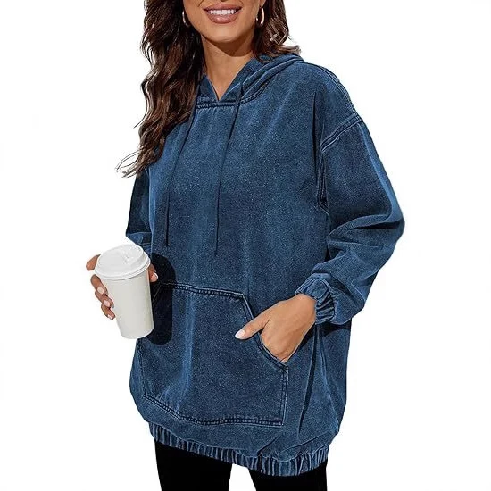 Damen Oversized Kapuzenpullover im Denim‑Look mit Kängurutasche Nord Taschen