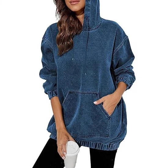 Damen Oversized Kapuzenpullover im Denim‑Look mit Kängurutasche Nord Taschen