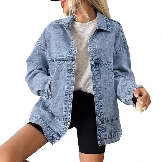 Damen Oversize Jeansjacke mit tiefer Passe, geradem Saum und Vintage‑Waschung Nord Taschen