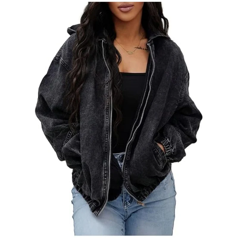 Damen Oversize-Jeansjacke mit Kapuze, Reißverschluss und Vintage-Waschung Nord Taschen