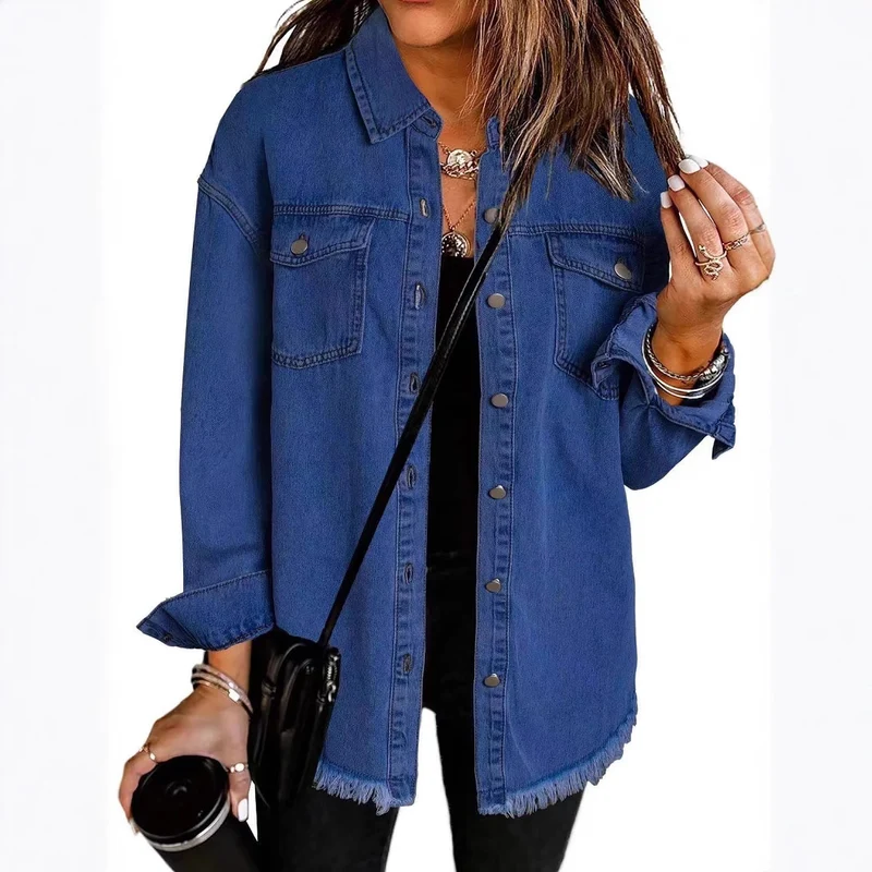 Damen Oversize Jeanshemdjacke mit Fransen und Brusttaschen Nord Taschen