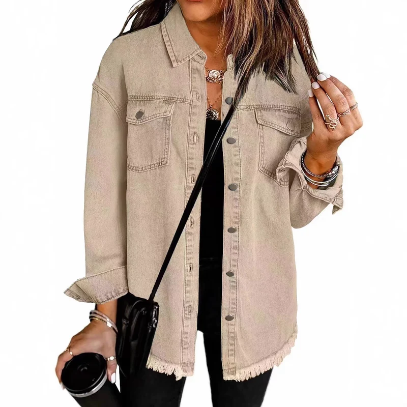Damen Oversize Jeanshemdjacke mit Fransen und Brusttaschen Nord Taschen