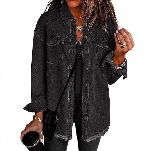Damen Oversize Jeanshemdjacke mit Fransen und Brusttaschen Nord Taschen