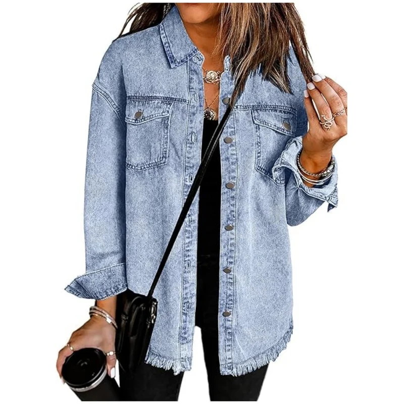 Damen Oversize Jeanshemdjacke mit Fransen und Brusttaschen Nord Taschen