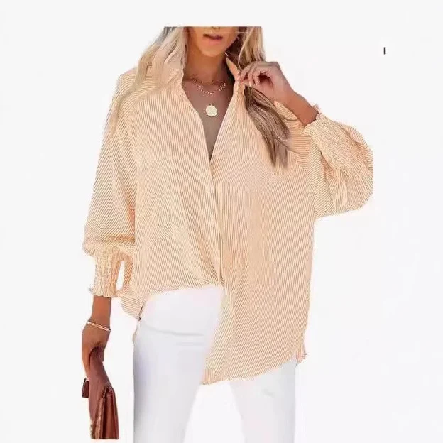 Damen Oversize-gestreifte Leinenoptik-Bluse mit Smokbündchen Nord Taschen