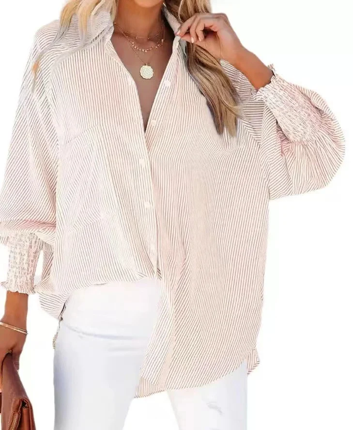 Damen Oversize-gestreifte Leinenoptik-Bluse mit Smokbündchen Nord Taschen