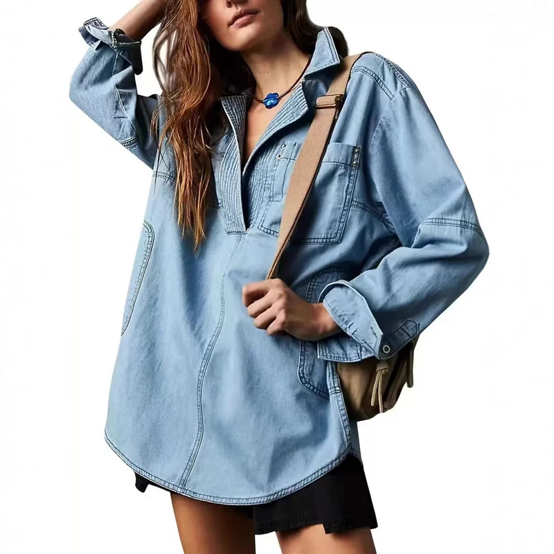 Damen Oversize-Denim-Tunika mit Henley-Ausschnitt und Kängurutasche Nord Taschen