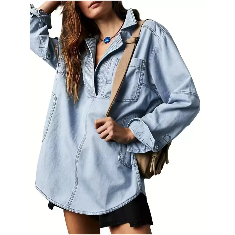 Damen Oversize-Denim-Tunika mit Henley-Ausschnitt und Kängurutasche Nord Taschen