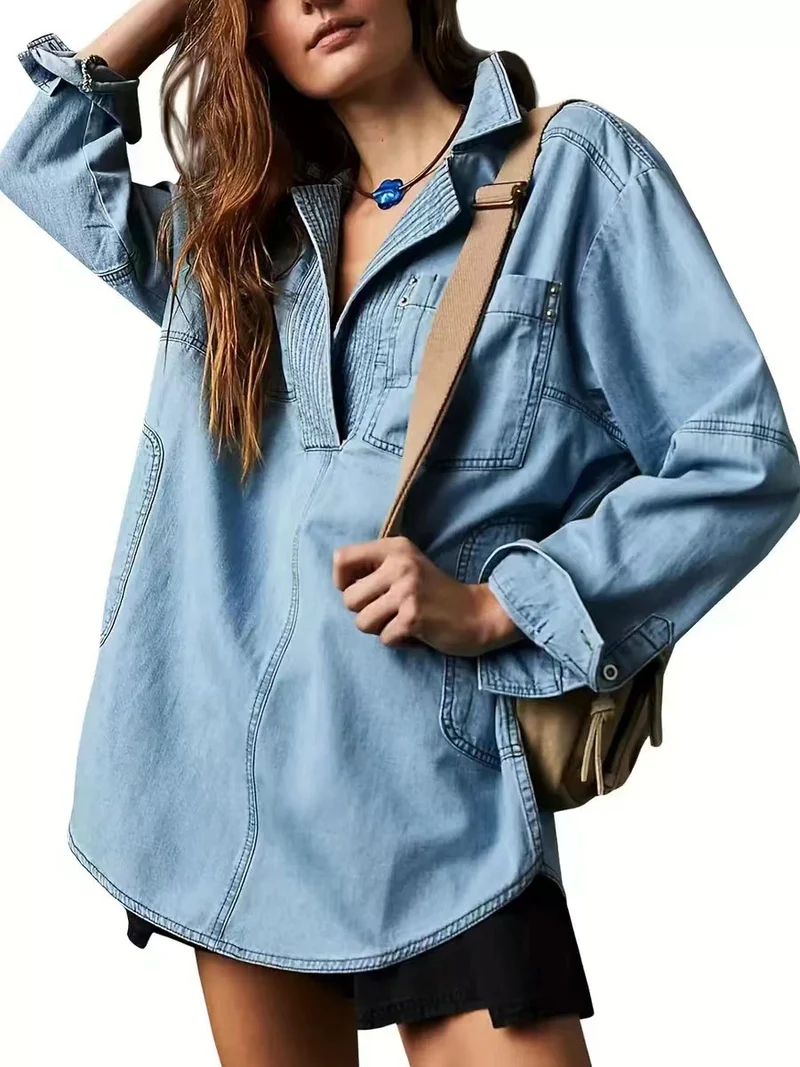 Damen Oversize-Denim-Tunika mit Henley-Ausschnitt und Kängurutasche Nord Taschen
