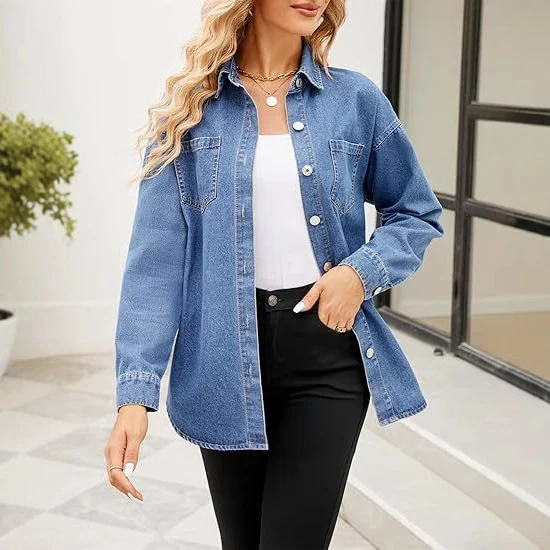 Damen Oversize Denim-Hemdjacke mit aufgesetzten Brusttaschen und lässigem Schnitt Nord Taschen