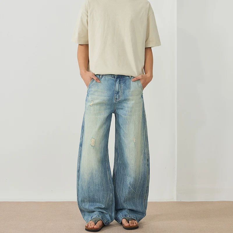 Herren Ultraweite Stonewashed Baggy-Jeans im bodenlangen Palazzoschnitt mit Used‑Effekt Nord Taschen