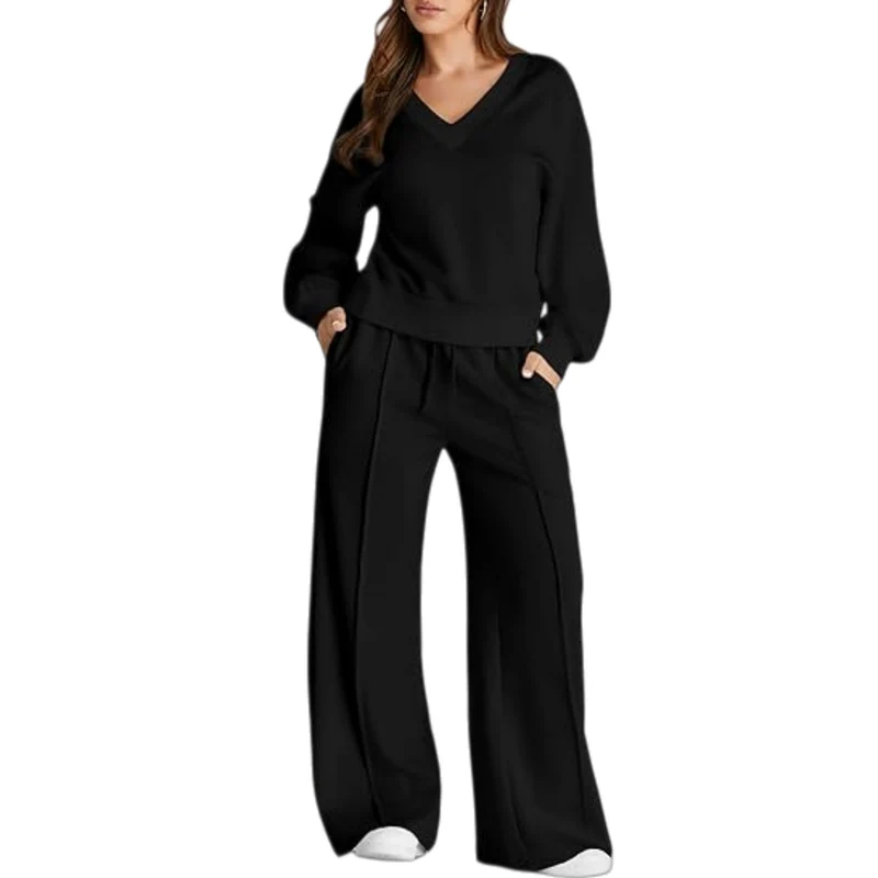 Damen Lässiges V-Ausschnitt Lounge-Set aus weichem Baumwoll-Mix Nord Taschen