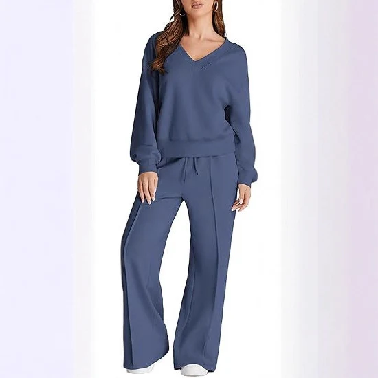 Damen Lässiges V-Ausschnitt Lounge-Set aus weichem Baumwoll-Mix Nord Taschen