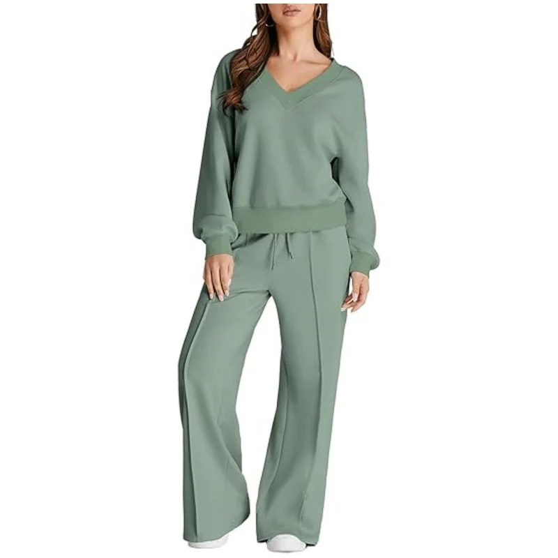 Damen Lässiges V-Ausschnitt Lounge-Set aus weichem Baumwoll-Mix Nord Taschen