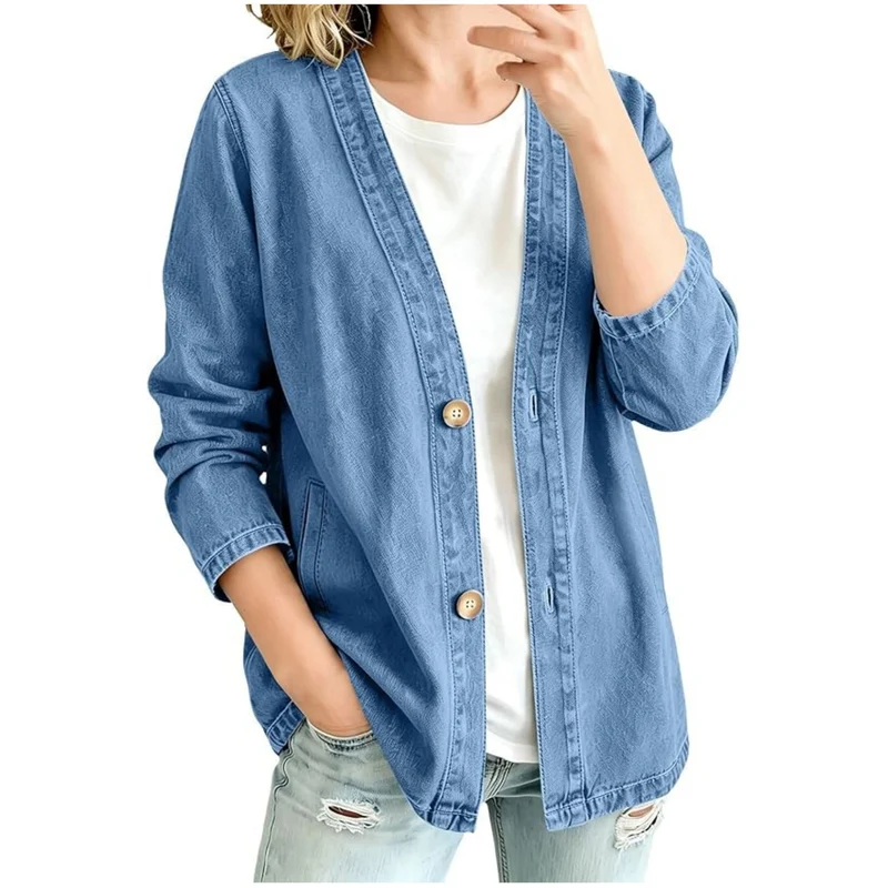 Damen lässige Oversize-Denimjacke mit Knopfleiste und Kimono-Schnitt Nord Taschen