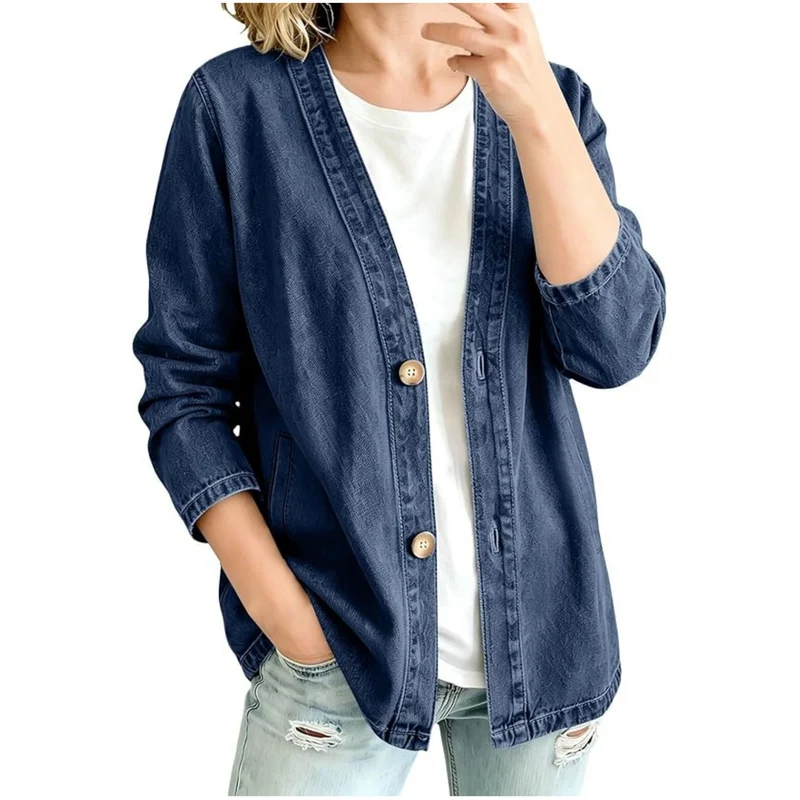Damen lässige Oversize-Denimjacke mit Knopfleiste und Kimono-Schnitt Nord Taschen