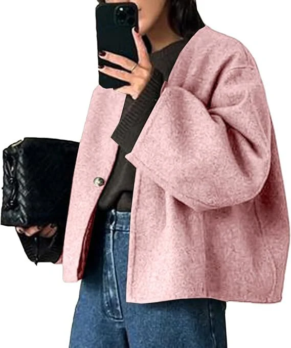 Damen Kurzboxy-Mantel mit Ballonärmeln und Rundhalsausschnitt Nord Taschen