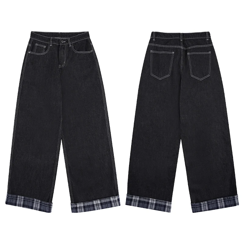 Herren Extraweite Denim-Palazzo-Jeans mit umgeschlagenem Karobündchen und sichtbarer Nahtführung Nord Taschen
