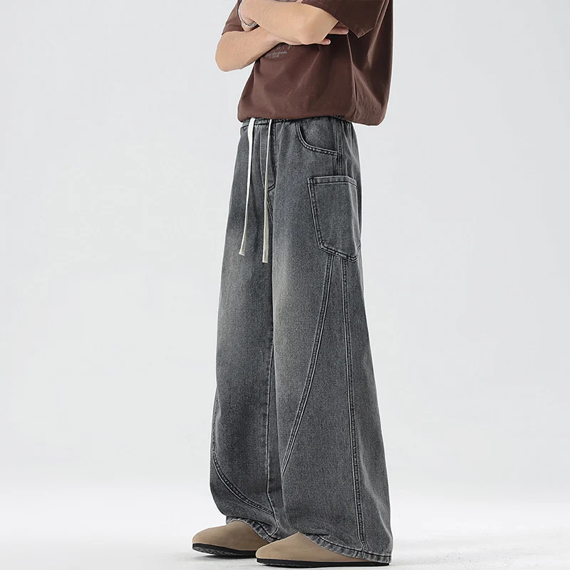 Herren Extraweite Denim-Baggyhose mit Tunnelzugbund und Paneelnähten Nord Taschen