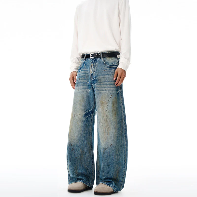 Herren Ultraweite Denim-Baggyhose im Vintage-Look mit Farbpatina und tiefem Schritt Nord Taschen