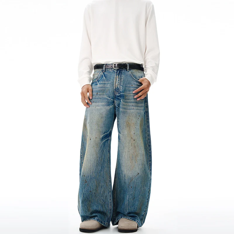 Herren Ultraweite Denim-Baggyhose im Vintage-Look mit Farbpatina und tiefem Schritt Nord Taschen
