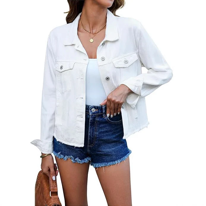Damen Kurz geschnittene Jeansjacke mit Fransen-Saum und aufgesetzten Brusttaschen Nord Taschen
