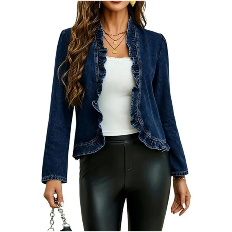 Damen Jeansjacke mit Rüschenkragen und taillierter Silhouette Nord Taschen