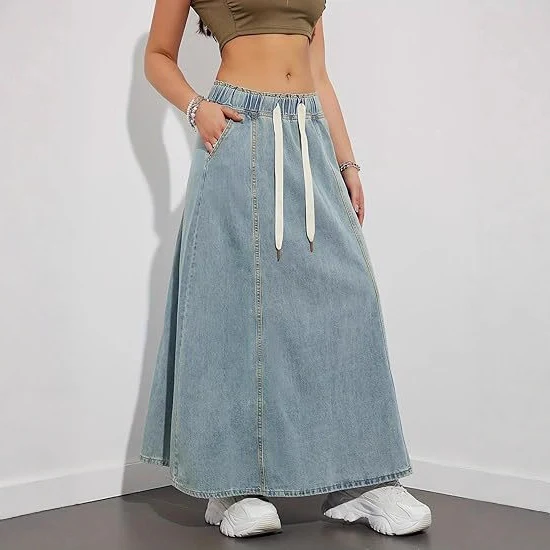 Damen Jeans-Midirock mit elastischem Tunnelzug Nord Taschen
