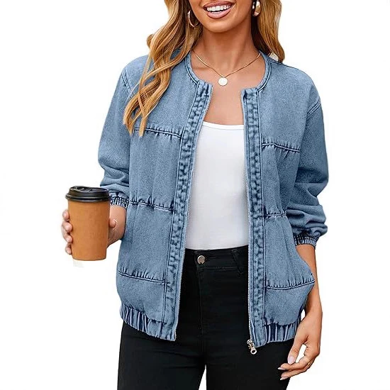 Damen Jeans-Bomberjacke mit Rundhalsausschnitt, elastischen Bündchen und aufgesetzten Taschen Nord Taschen