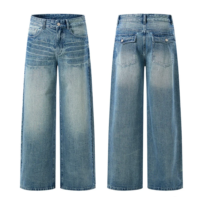 Herren Ultraweit geschnittene Denim-Baggy-Jeans mit markanten Whisker-Akzenten und bodenlangem Saum Nord Taschen