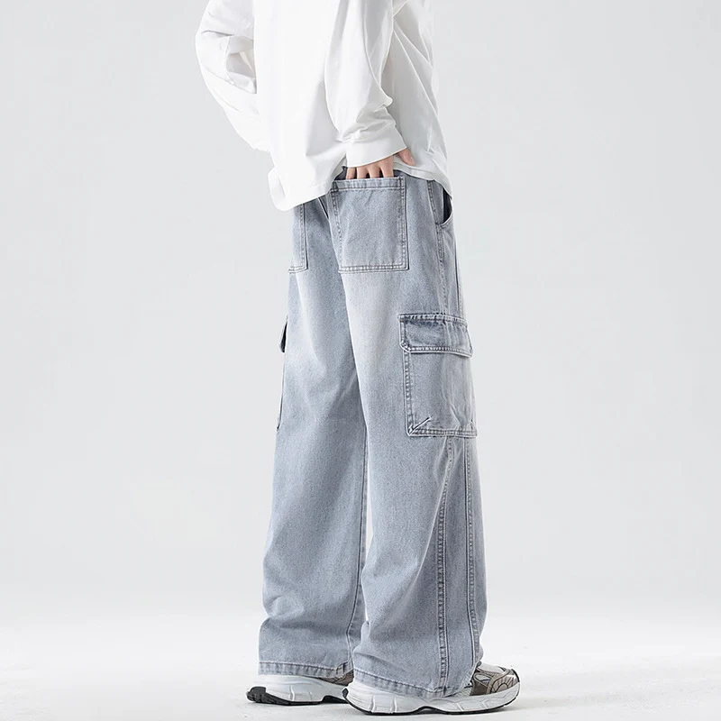 Herren Stonewashed-Denim Cargopalazzo mit extra weitem Bein und sichtbaren Ziernähten Nord Taschen