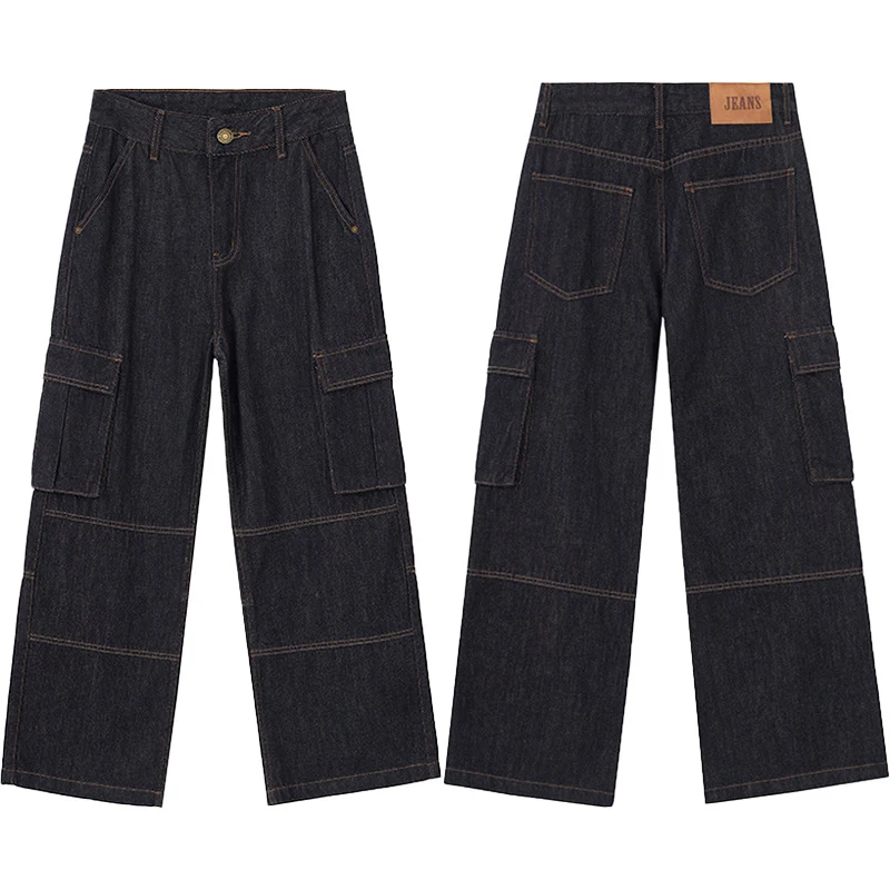 Herren Weite Denim-Cargo-Palazzohose mit Paneelnähten, Klappentaschen und rohem Finish Nord Taschen