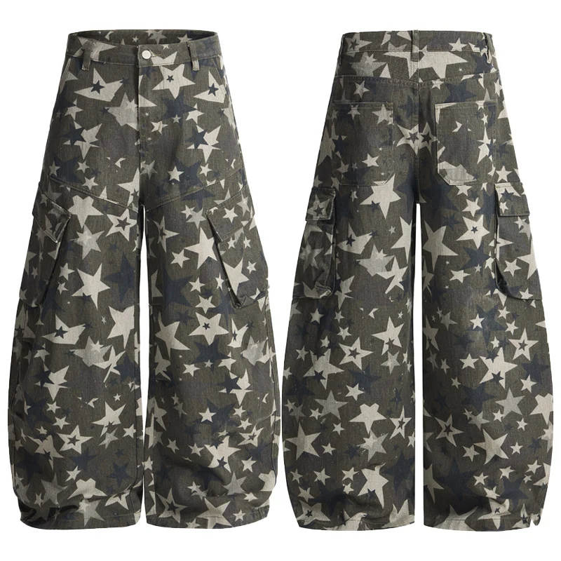 Herren weite Cargo-Palazzo-Hose mit allover Sternen-Print und Utility-Taschen Nord Taschen
