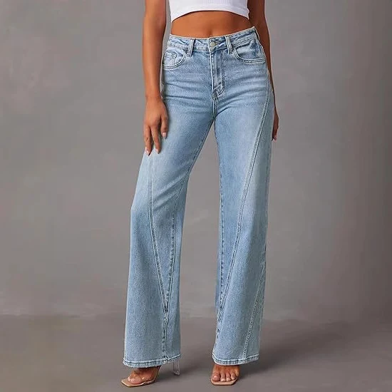 Damen High-Waist Wide-Leg Jeans mit dekorativer V-Naht Nord Taschen