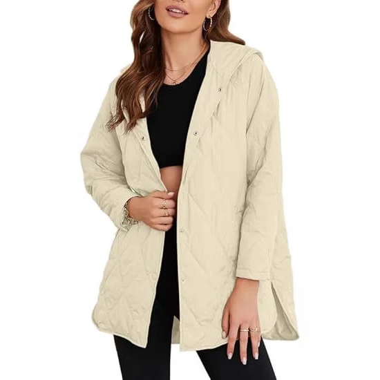 Damen gesteppte Kapuzenjacke mit Oversize-Schnitt, Druckknopfverschluss und Seitenschlitzen Nord Taschen