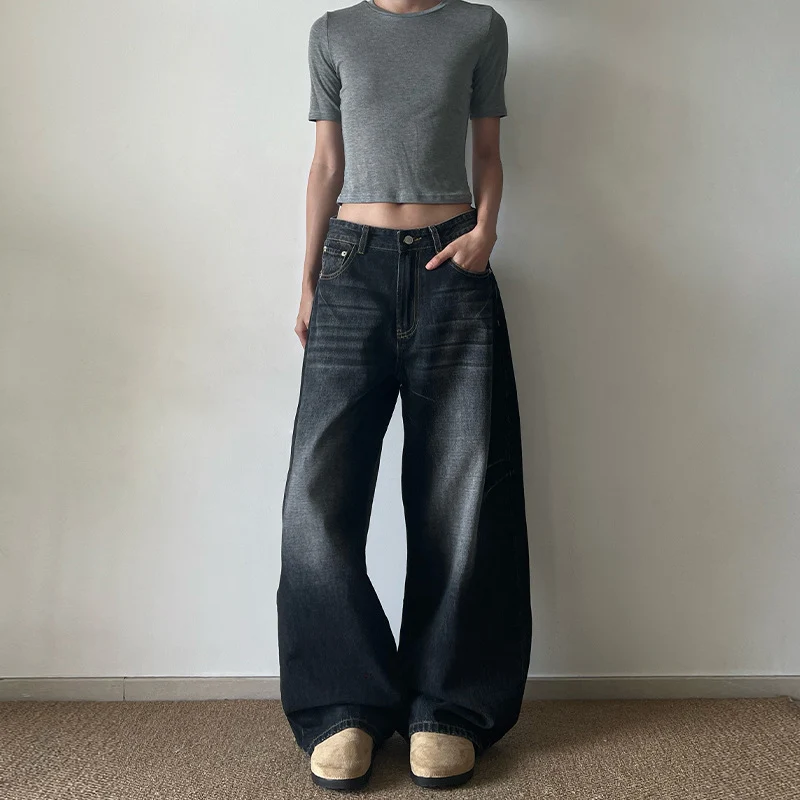 Damen Ultraweite Vintage-Denim Marlene-Jeans mit soften Used-Falten und bodenlangem Saum Nord Taschen