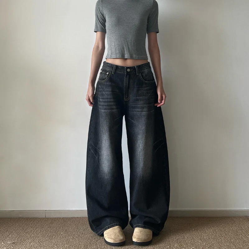 Damen Ultraweite Vintage-Denim Marlene-Jeans mit soften Used-Falten und bodenlangem Saum Nord Taschen