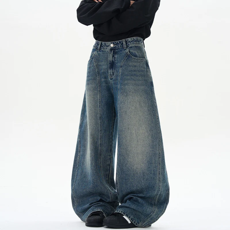 Damen Ultraweite hochgeschnittene Jeans-Palazzohose aus Vintage-Jeansstoff mit tiefem Schritt und skulpturaler Nahtführung Nord Taschen