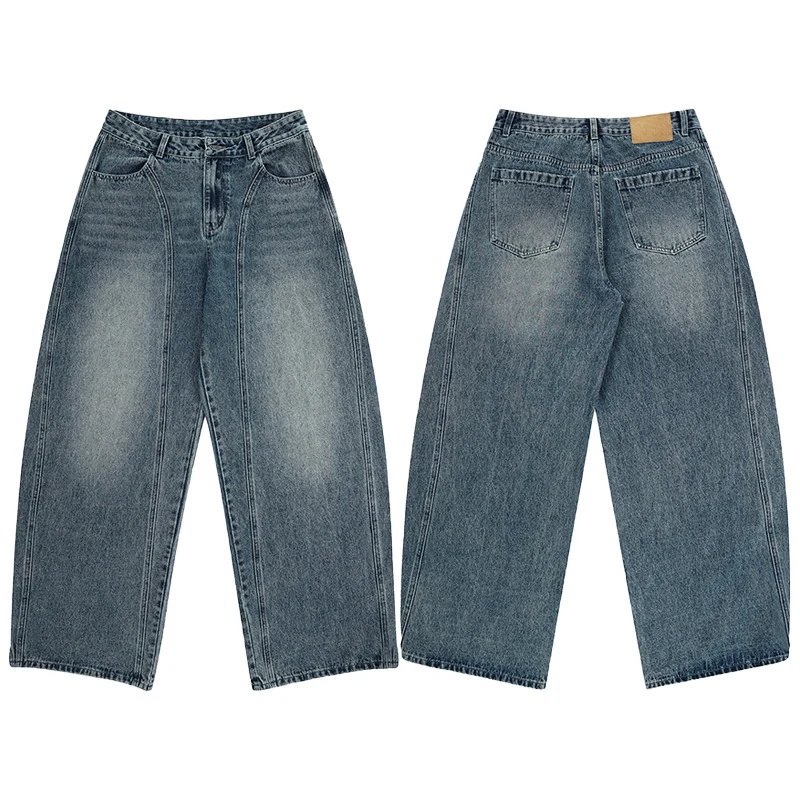 Damen Ultraweite hochgeschnittene Jeans-Palazzohose aus Vintage-Jeansstoff mit tiefem Schritt und skulpturaler Nahtführung Nord Taschen