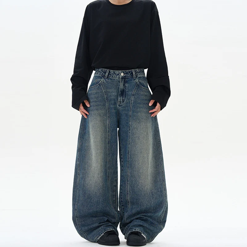 Damen Ultraweite hochgeschnittene Jeans-Palazzohose aus Vintage-Jeansstoff mit tiefem Schritt und skulpturaler Nahtführung Nord Taschen