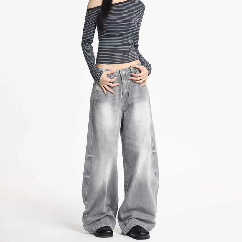 Damen Ultraweite Bodenlange Denim-Palazzohose mit tiefem Schritt und Vintage-Fade Nord Taschen
