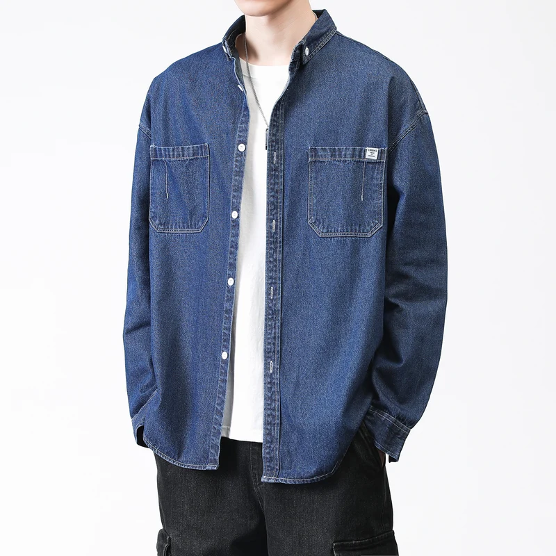 Herren Oversized Denim-Hemdjacke mit Brusttaschen und Button-Down-Kragen Nord Taschen