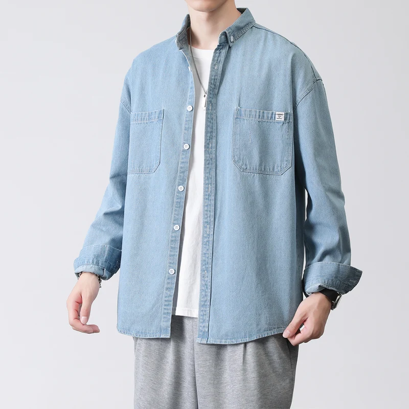 Herren Oversized Denim-Hemdjacke mit Brusttaschen und Button-Down-Kragen Nord Taschen