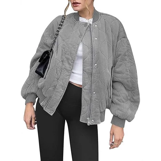 Damen Gepolsterte Oversize-Stepp-Bomberjacke mit Rippbündchen und dekorativer Ziersteppung Nord Taschen