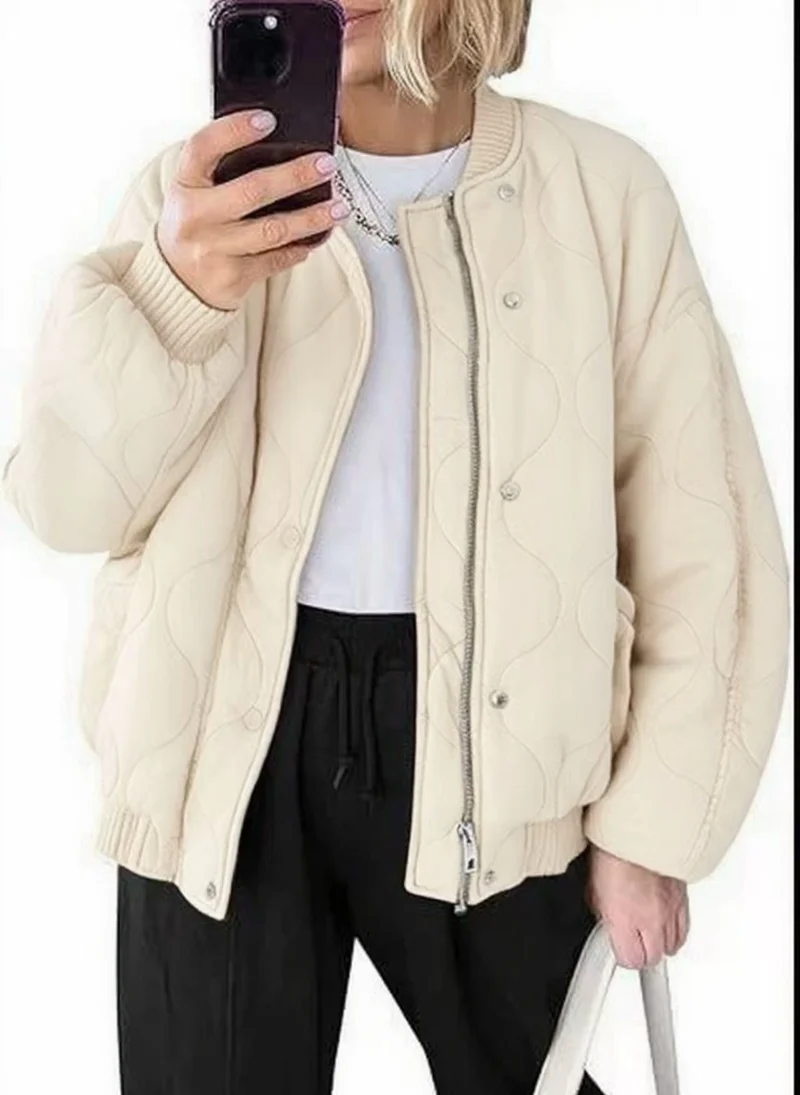 Damen Gepolsterte Oversize-Stepp-Bomberjacke mit Rippbündchen und dekorativer Ziersteppung Nord Taschen