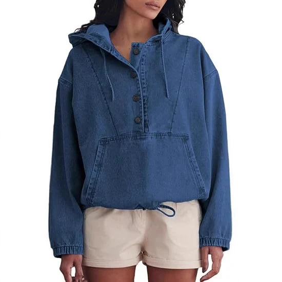 Damen Denim-Hoodie mit halber Knopfleiste, Kängurutasche und Tunnelzugsaum Nord Taschen