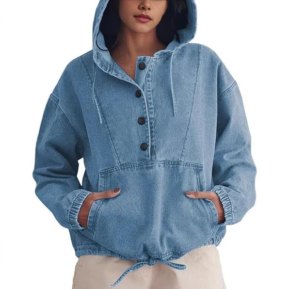 Damen Denim-Hoodie mit halber Knopfleiste, Kängurutasche und Tunnelzugsaum Nord Taschen