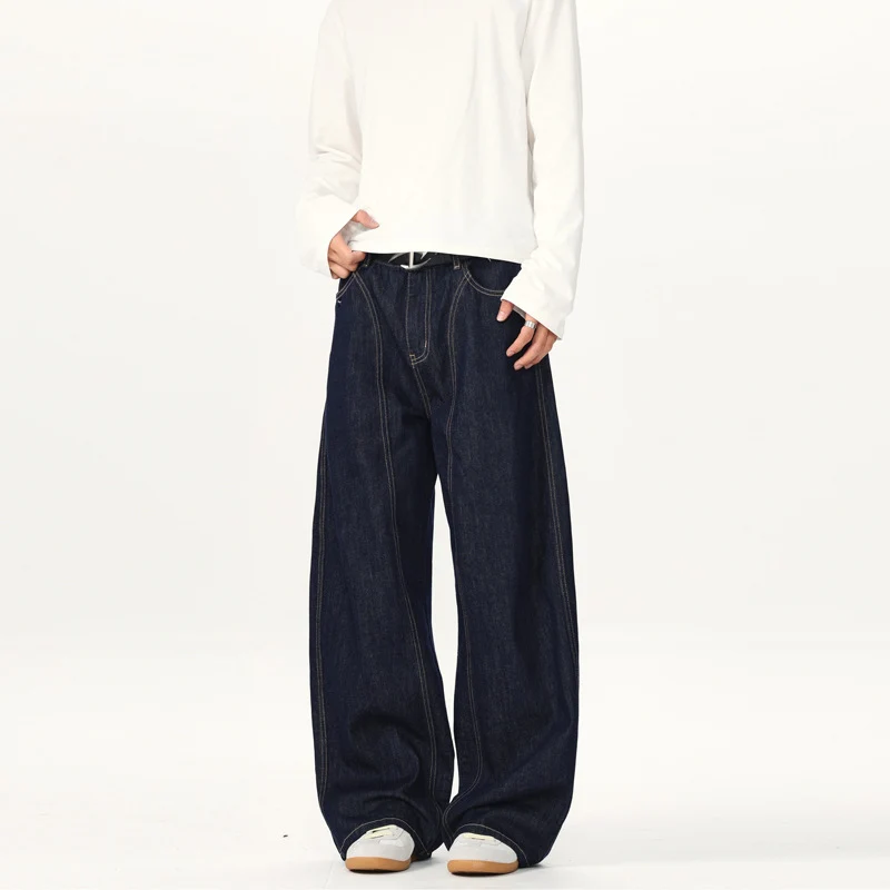 Unisex Ultraweite tiefsitzende Baggy-Jeans aus rohem Denim mit Kontrastnähten Nord Taschen