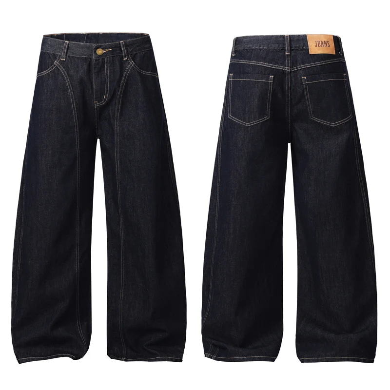 Unisex Ultraweite tiefsitzende Baggy-Jeans aus rohem Denim mit Kontrastnähten Nord Taschen